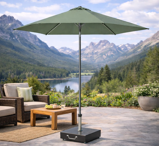 Sombrilla LISBOA de 3m instalada en una terraza de diseño con la base ROMA.