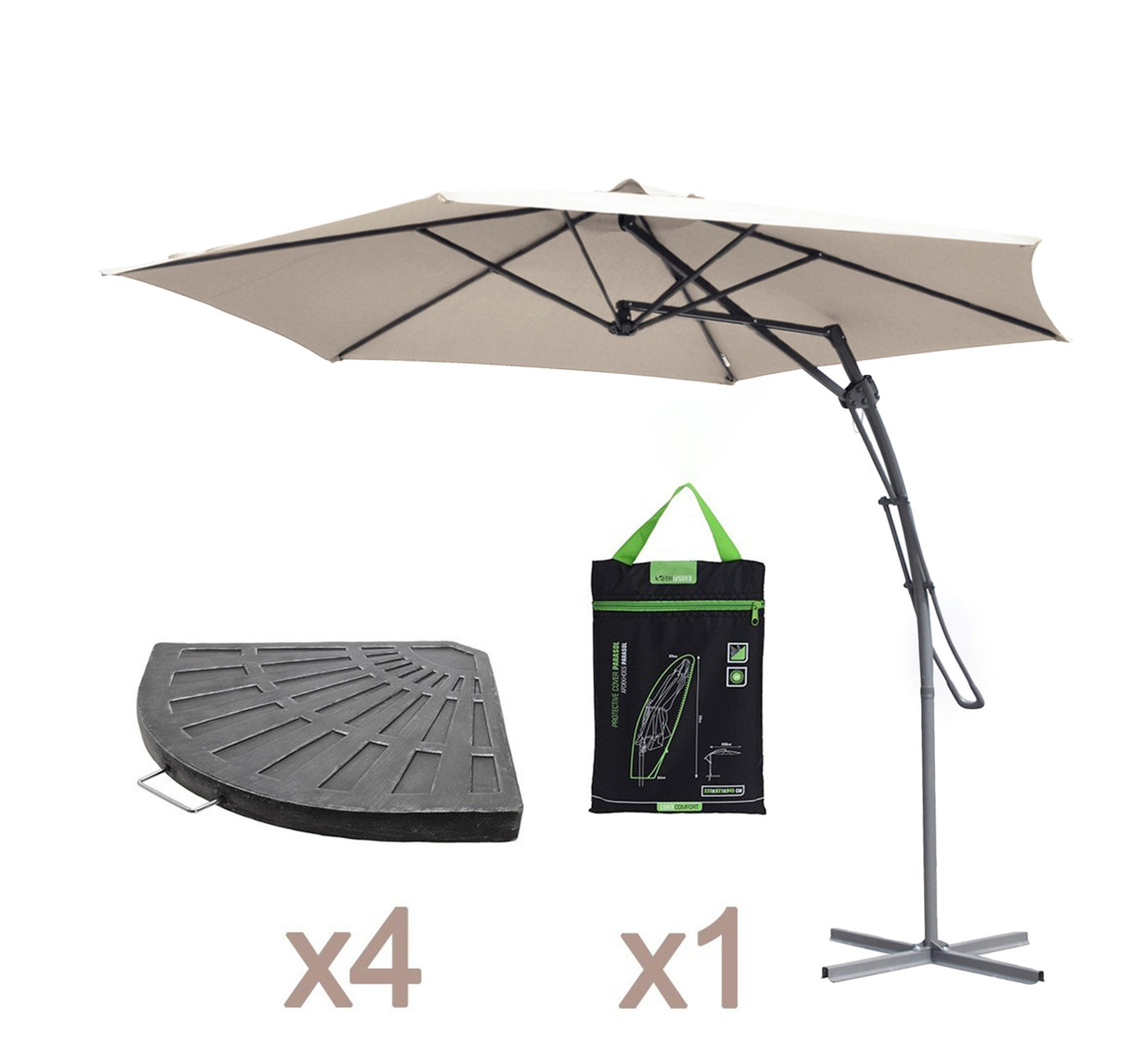 Pack Sombrilla MARIOLA de pie lateral en color oscuro con bases de cemento.