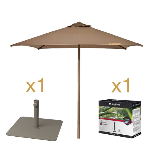 Pack Parasol EOLO de Ezpeleta en color topo con base LOOP y funda de protección.