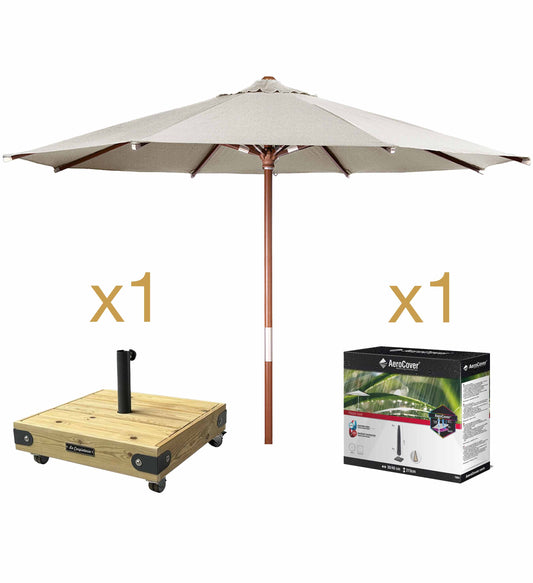 Pack Sombrilla Ezpeleta JAVA de 3 metros con base de madera BOX 6 en acabado nogal.