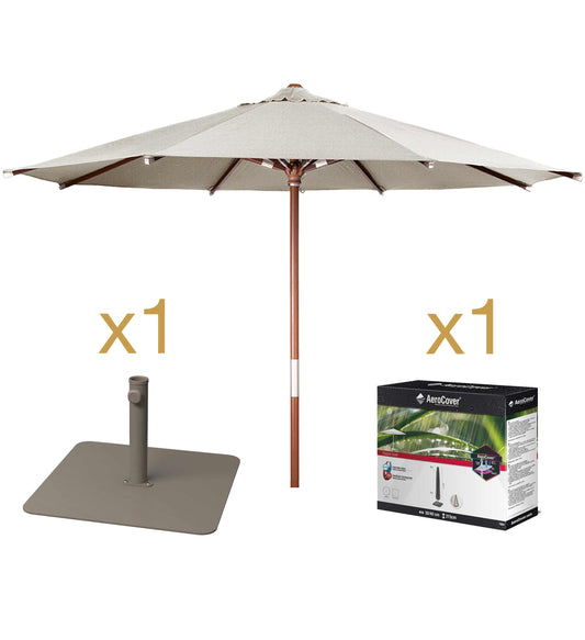 Pack Sombrilla Ezpeleta JAVA de madera de eucalipto en color arena con base y funda.