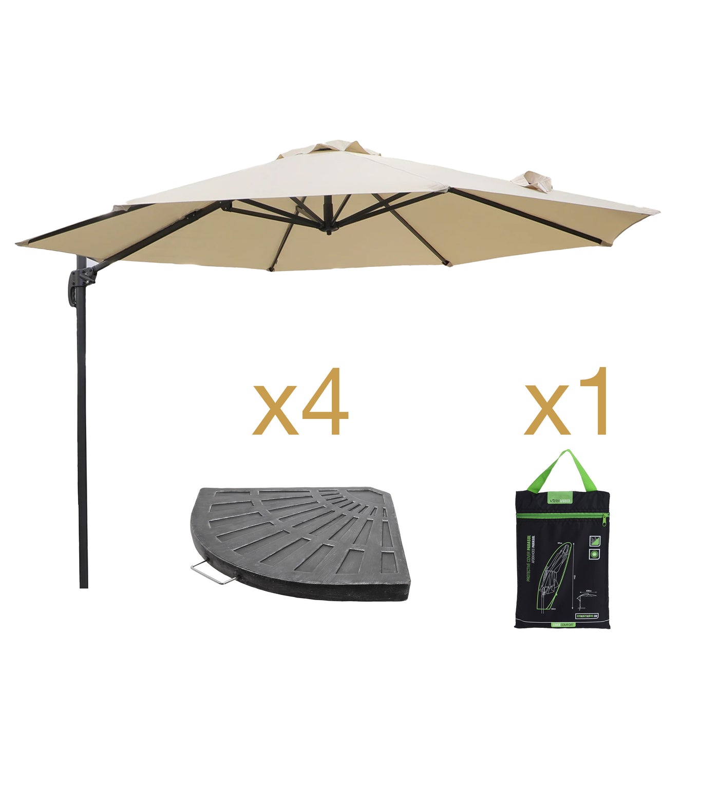 Pack Parasol ROMA lateral color arena de 3 metros con bases de cemento y funda.
