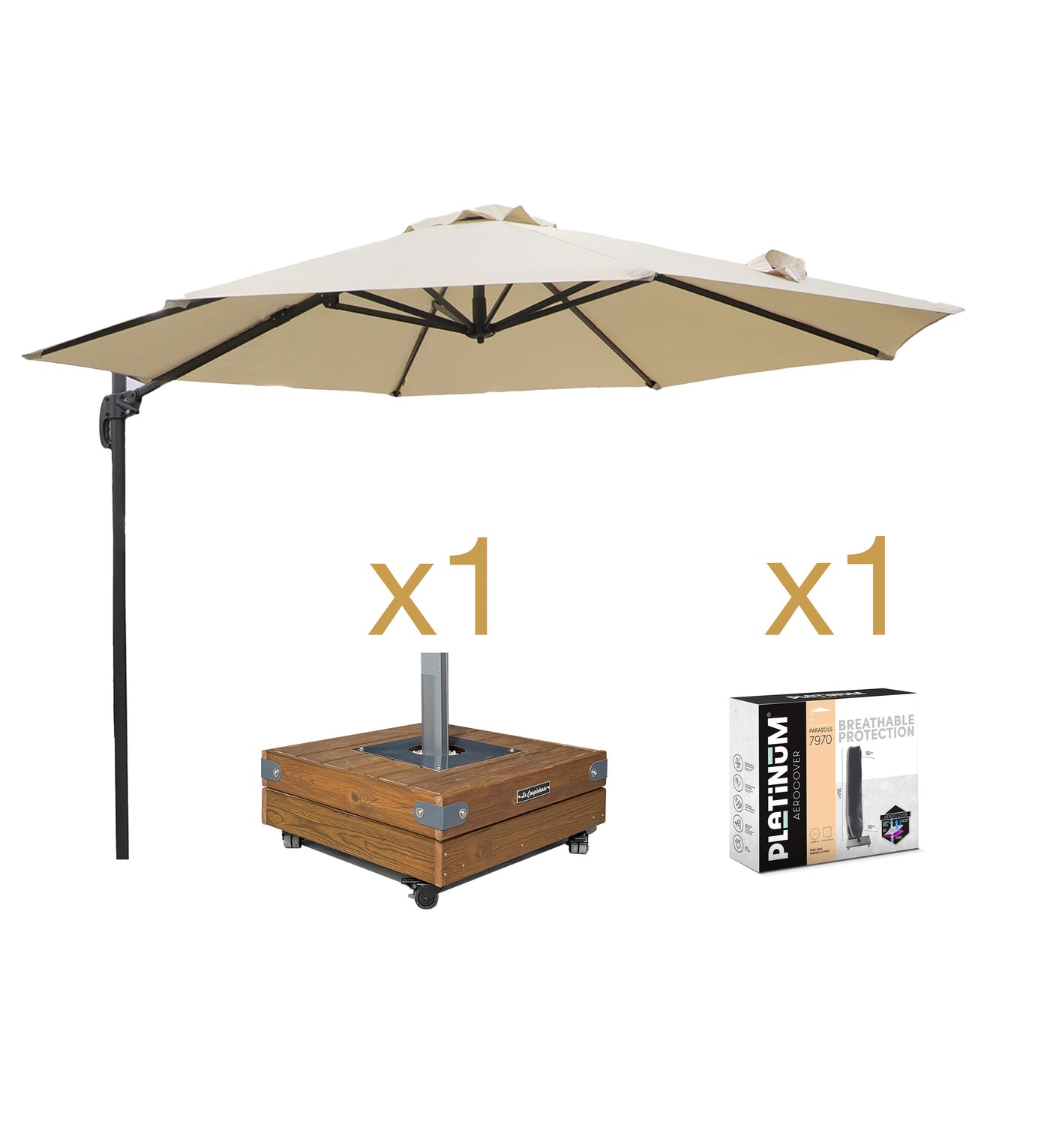 Pack Parasol ROMA lateral color arena con base de madera DADO 2 acabado nogal.