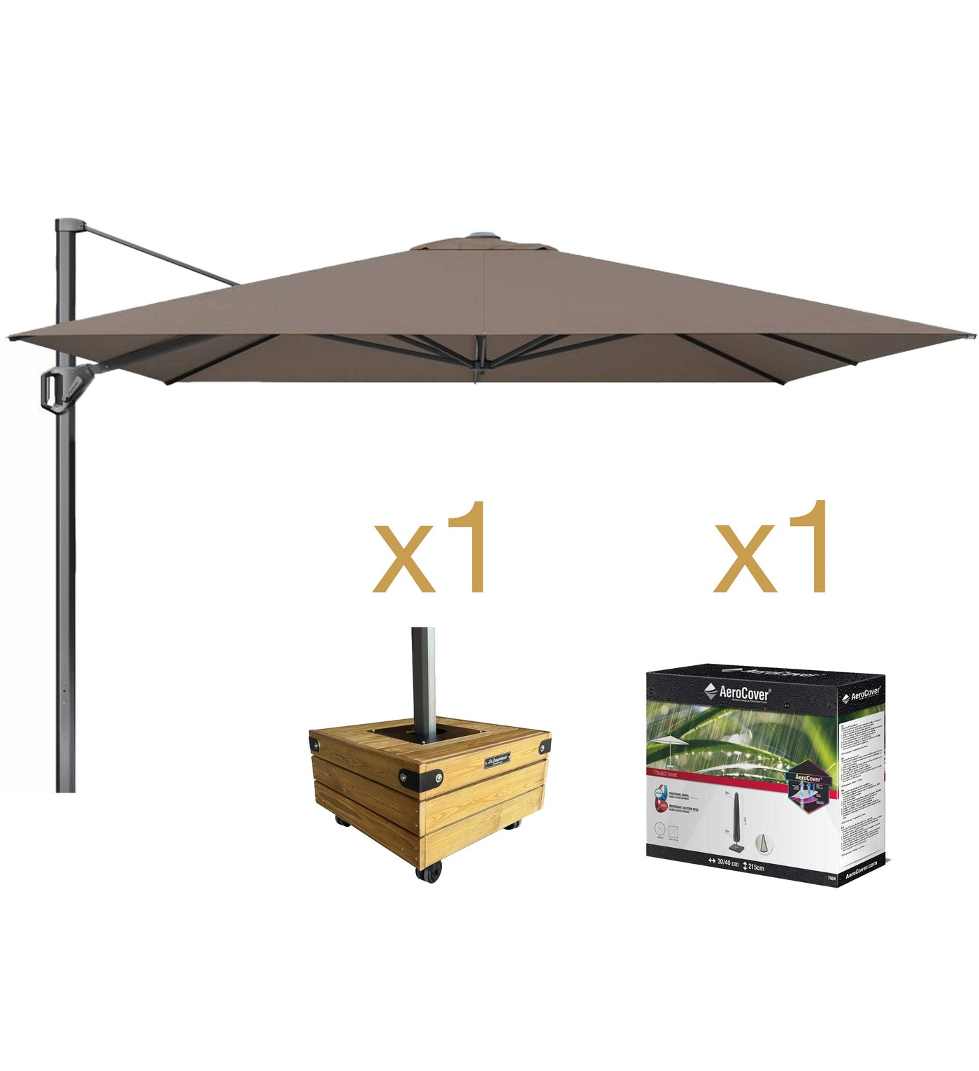 Pack Parasol CHALLENGER telescópico de 3,5 x 3,5 metros con base de madera DADO 3 y funda.