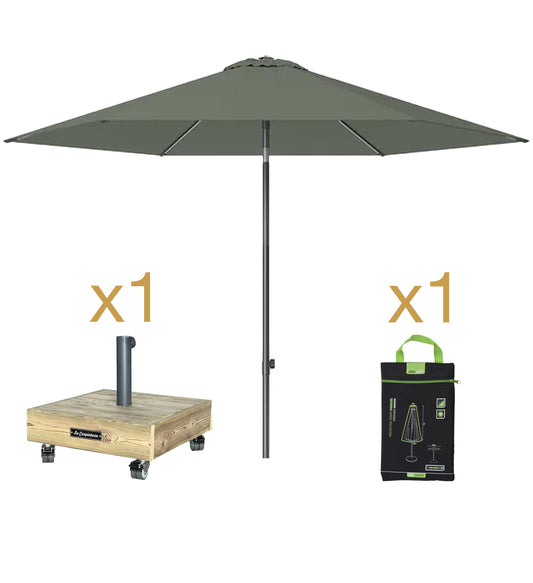 Pack Sombrilla LISBOA color olivo con base de madera BOX 5 y ruedas.