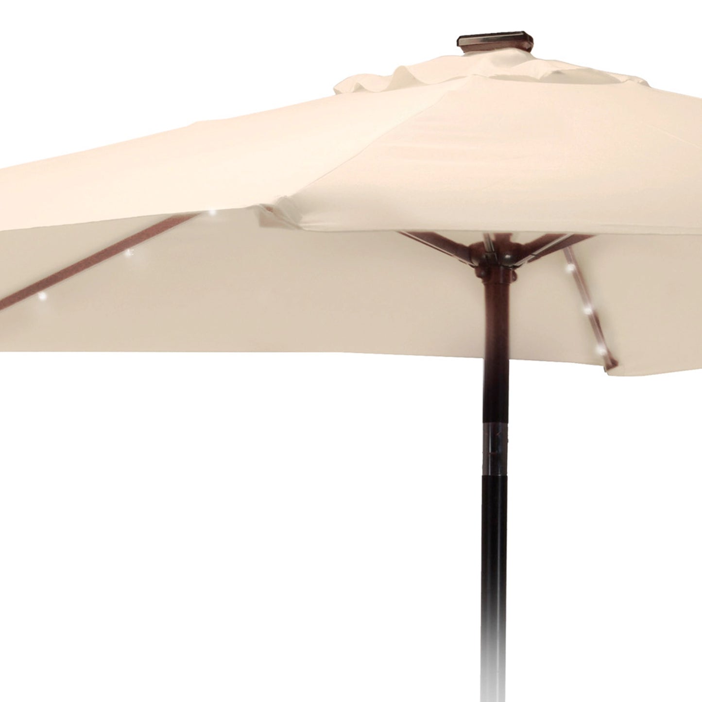 Detalle parasol central ARAL de 260 cm color beige con luces LED para jardín.