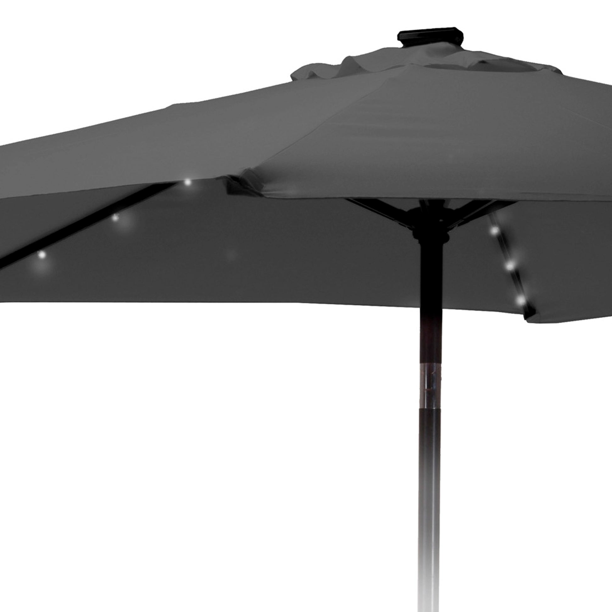 Detalle parasol central ARAL de 260 cm color gris con luces LED para jardín.