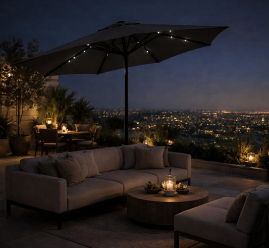 Parasol central ARAL con luces para terraza.