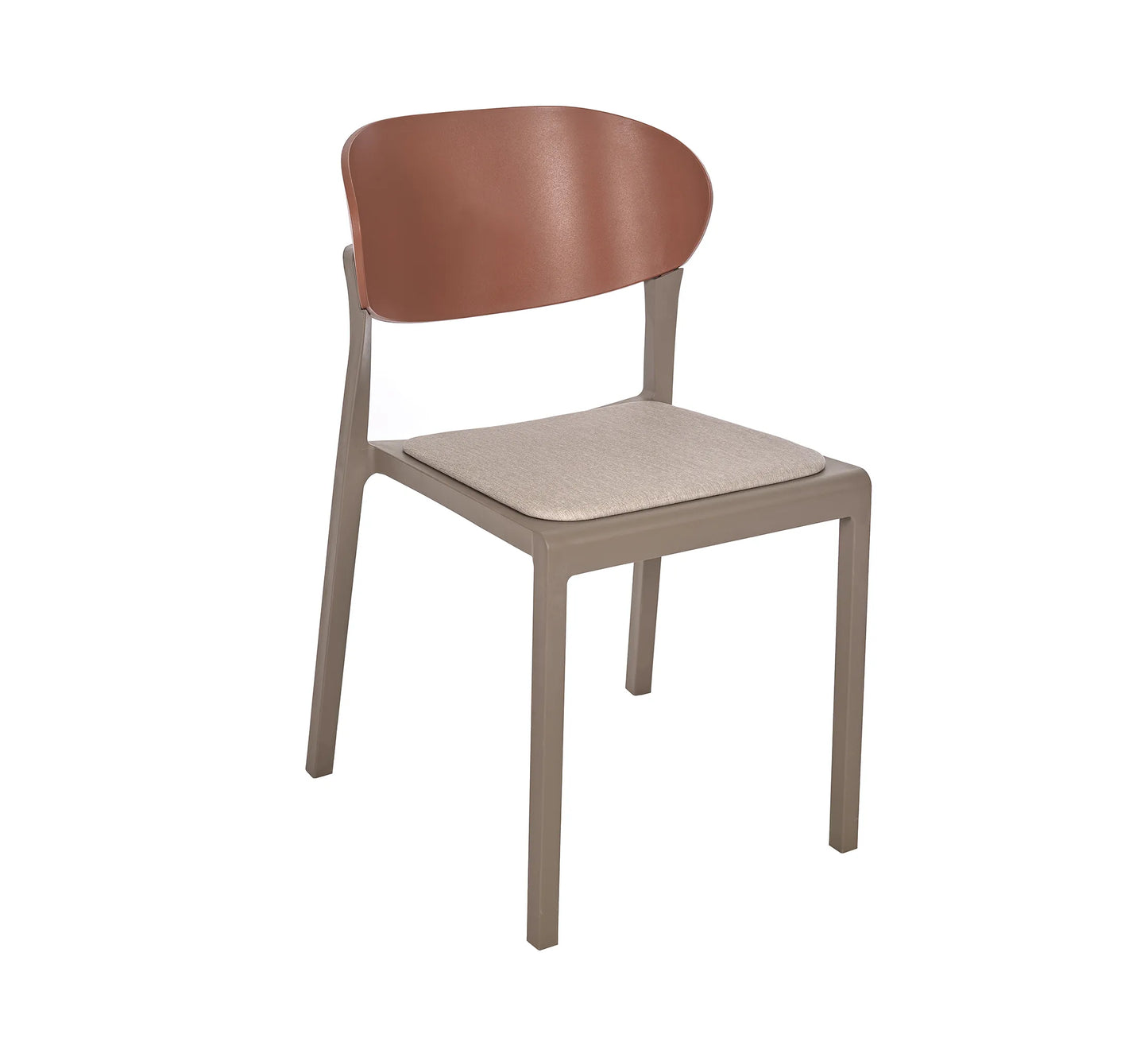 Silla BAKE de Ezpeleta tapizada en color taupe, fabricada en polipropileno reforzado.