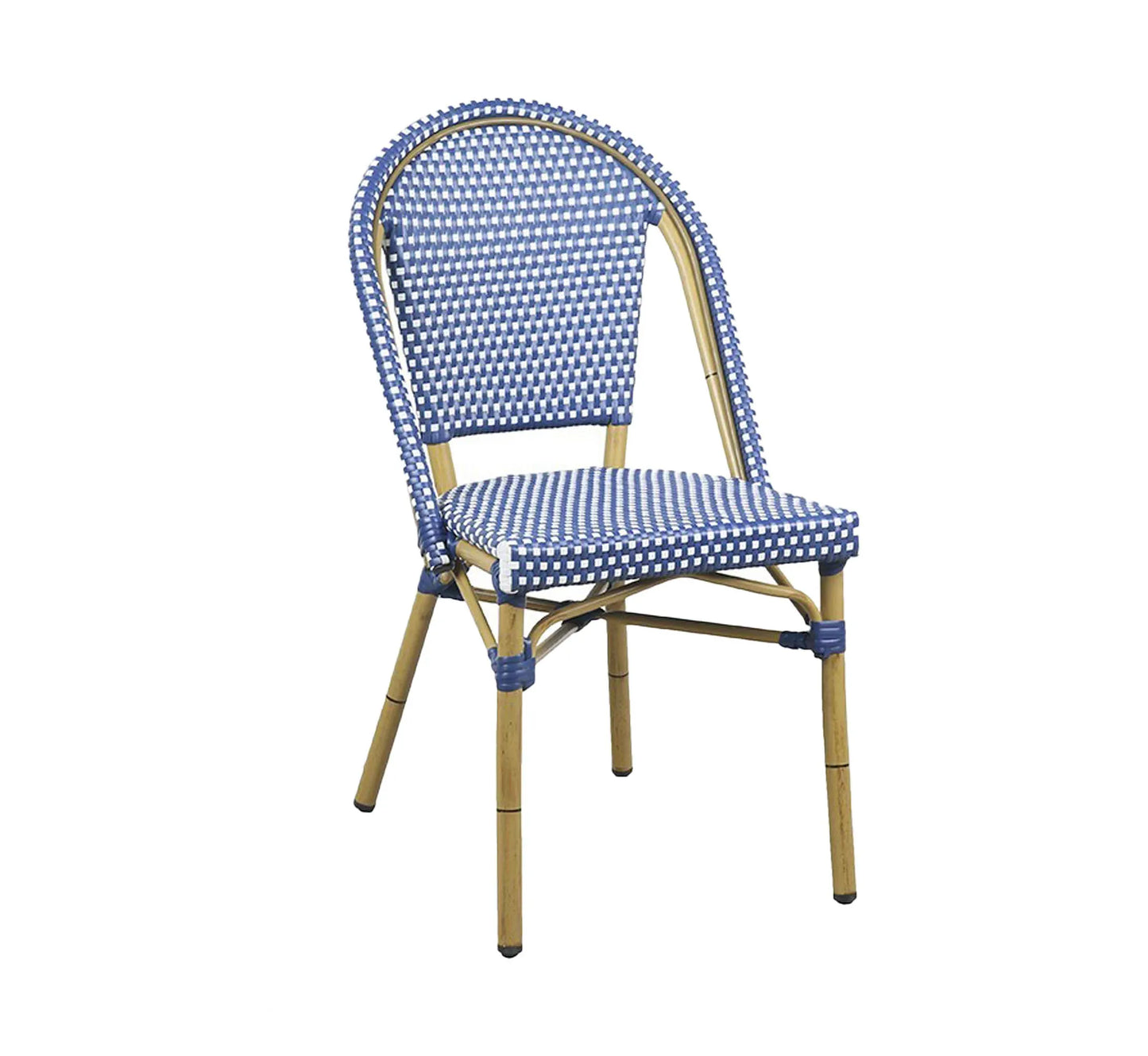 Silla ARLÉS de estilo parisino con estructura color bambú y trenzado azul.