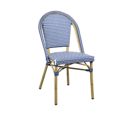 Silla ARLÉS de estilo parisino con estructura color bambú y trenzado azul.