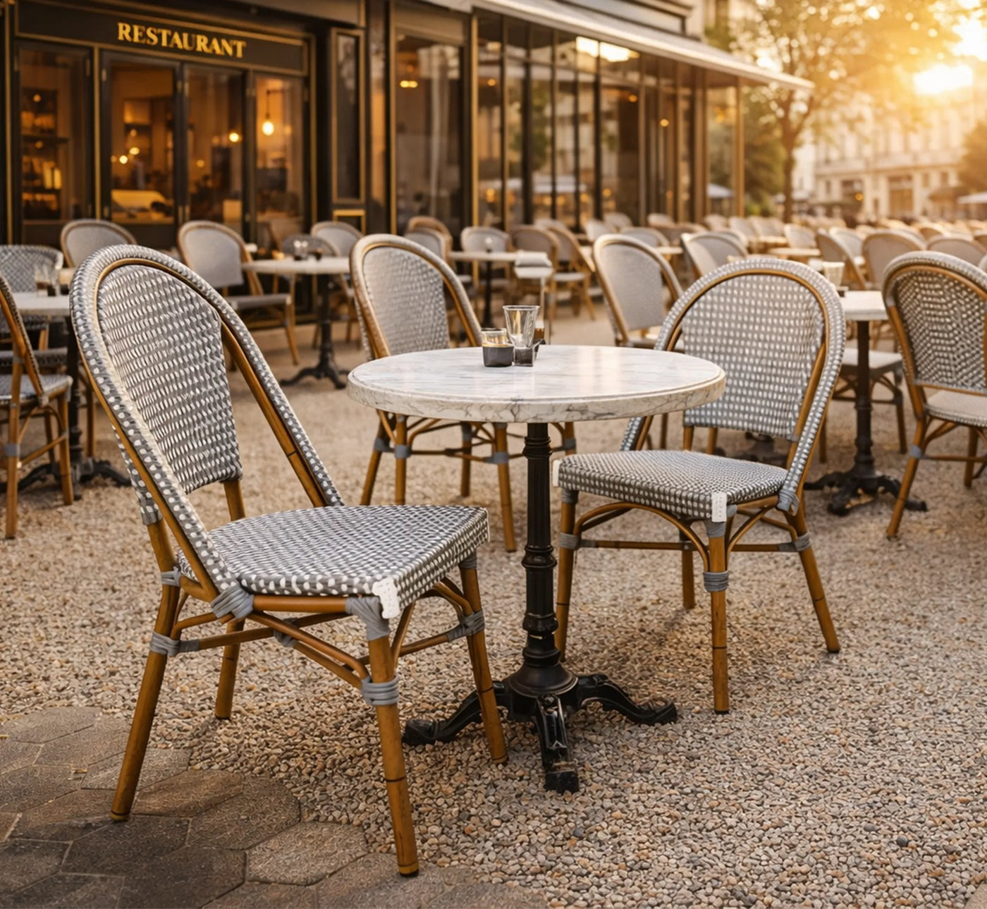 Silla ARLÉS de estilo parisino en una terraza.