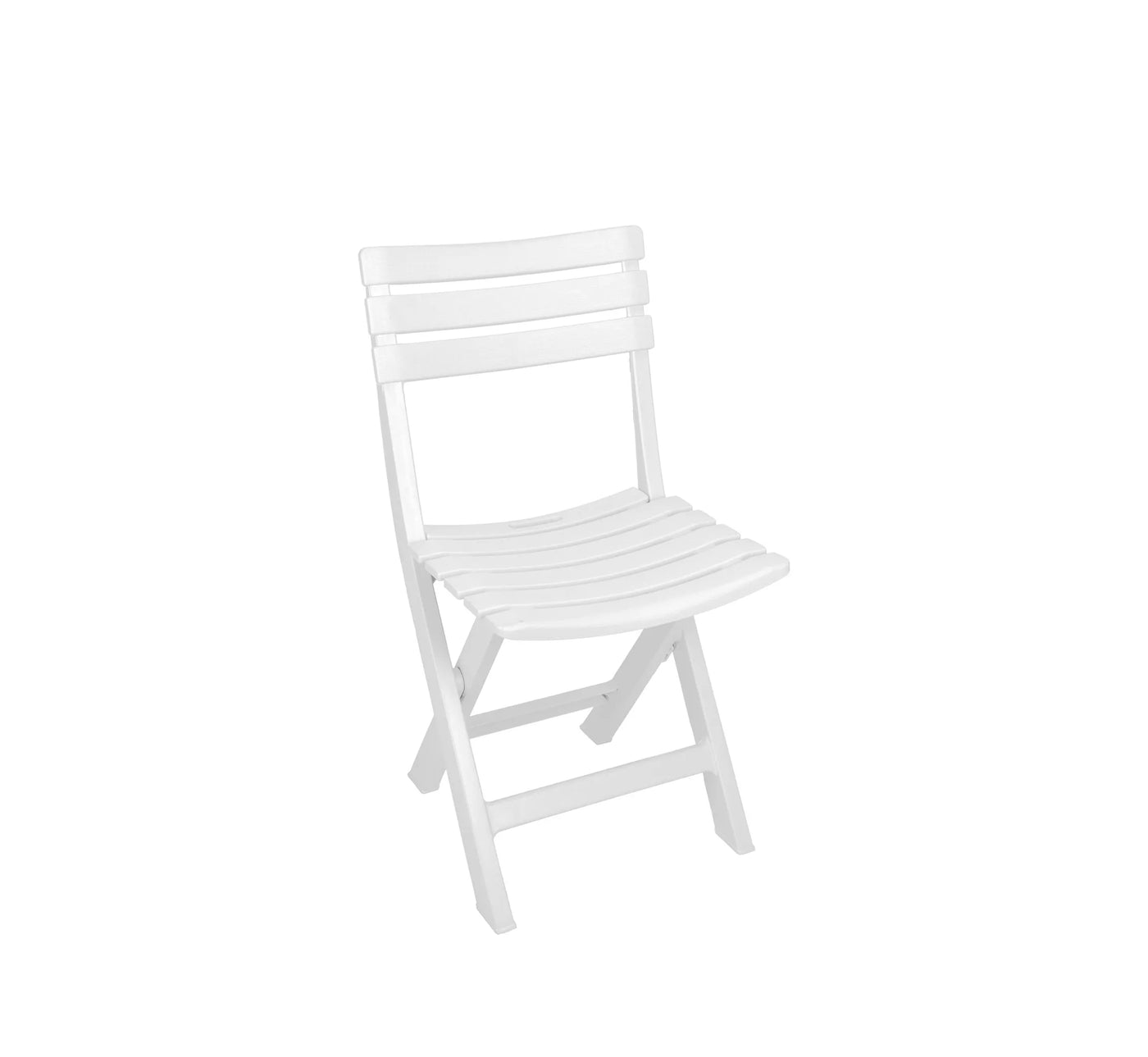 Silla de exterior KOMODA plegable en resina blanca, vista frontal.
