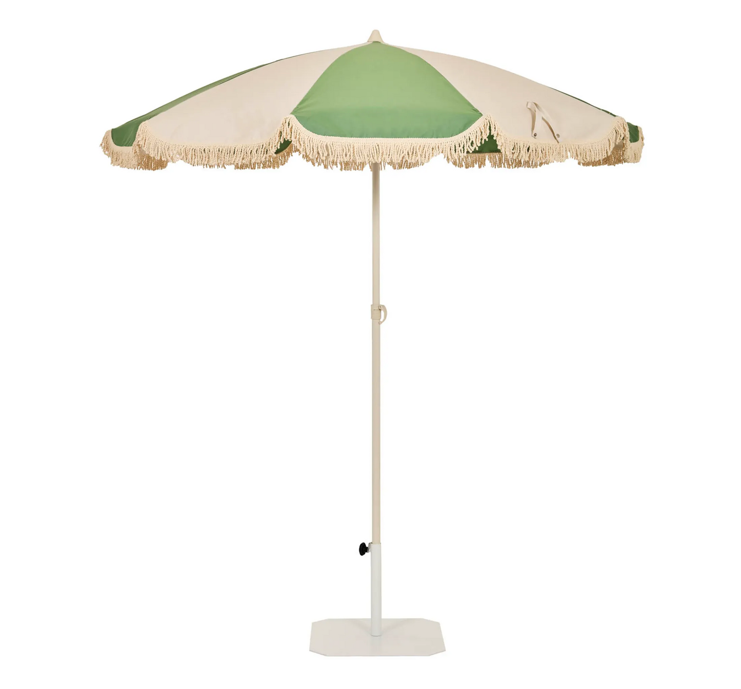 Parasol bohemio Ezpeleta TOSCANA color arena y verde con flecos y volante.