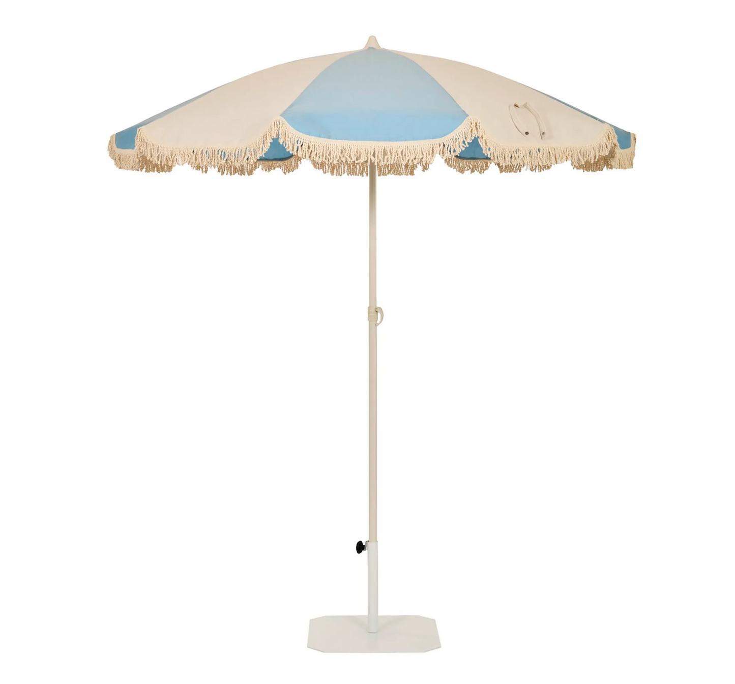 Parasol bohemio Ezpeleta TOSCANA color arena y azul con flecos y volante.