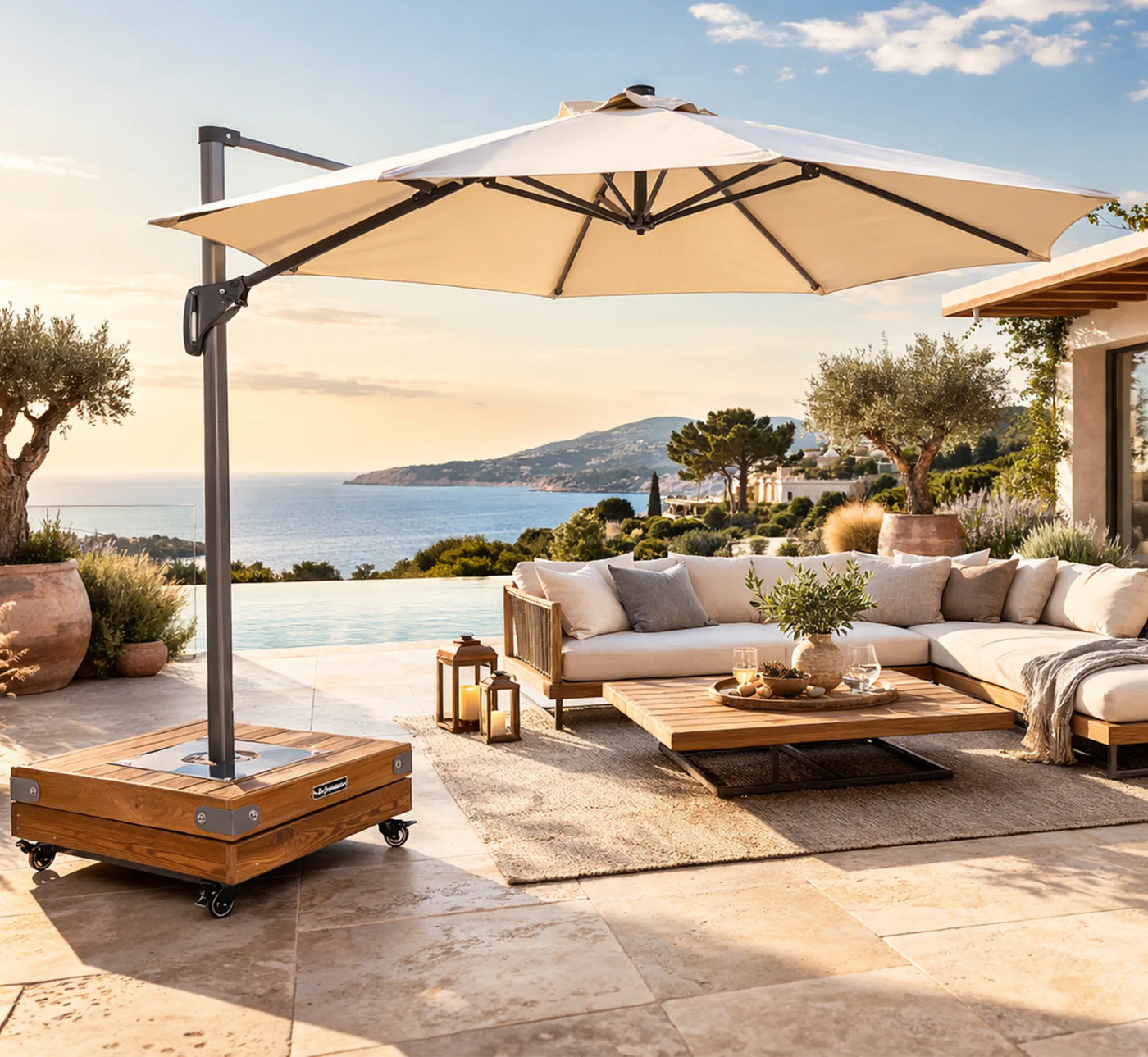 Parasol lateral ROMA de 3 metros color crema con base dado 2.