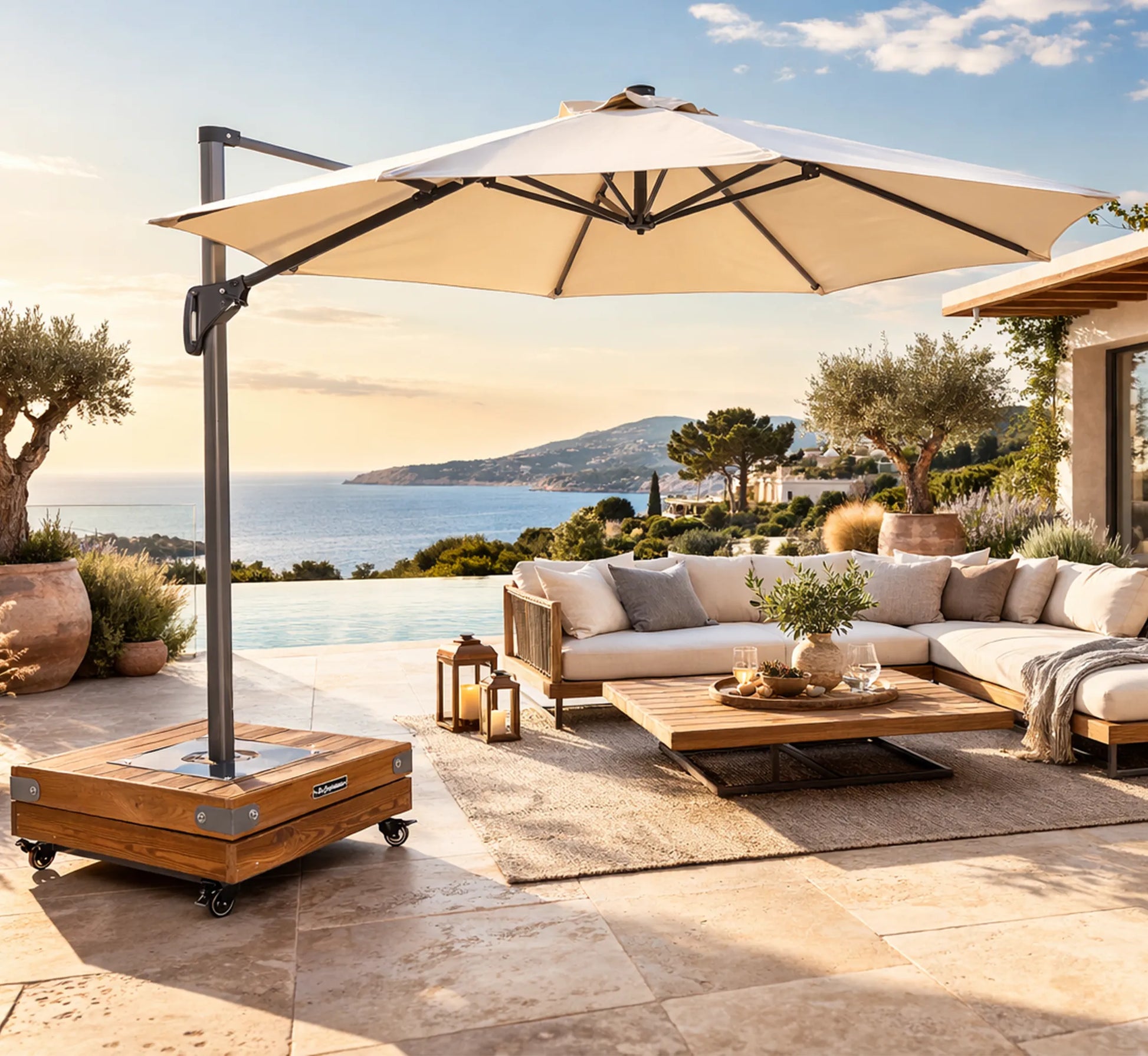 Parasol lateral ROMA de 3 metros color crema con base dado 2.