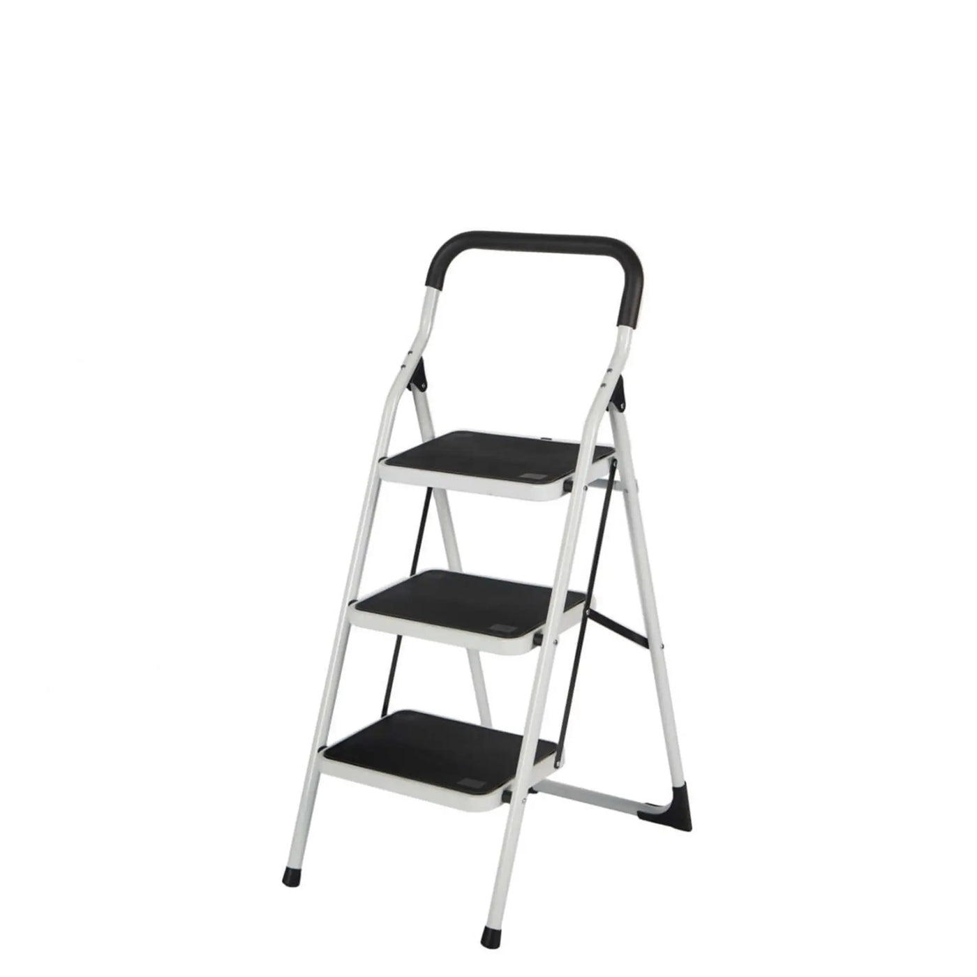 Escalera de acero lacado White con arco de seguridad y peldaños extra anchos antideslizantes.