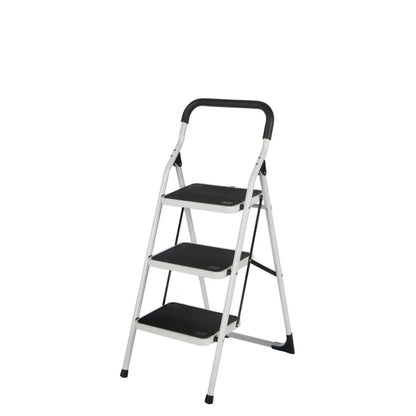 Escalera de acero lacado White con arco de seguridad y peldaños extra anchos antideslizantes.