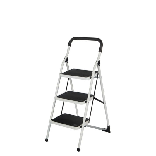 Escalera de acero lacado White con arco de seguridad y peldaños extra anchos antideslizantes.