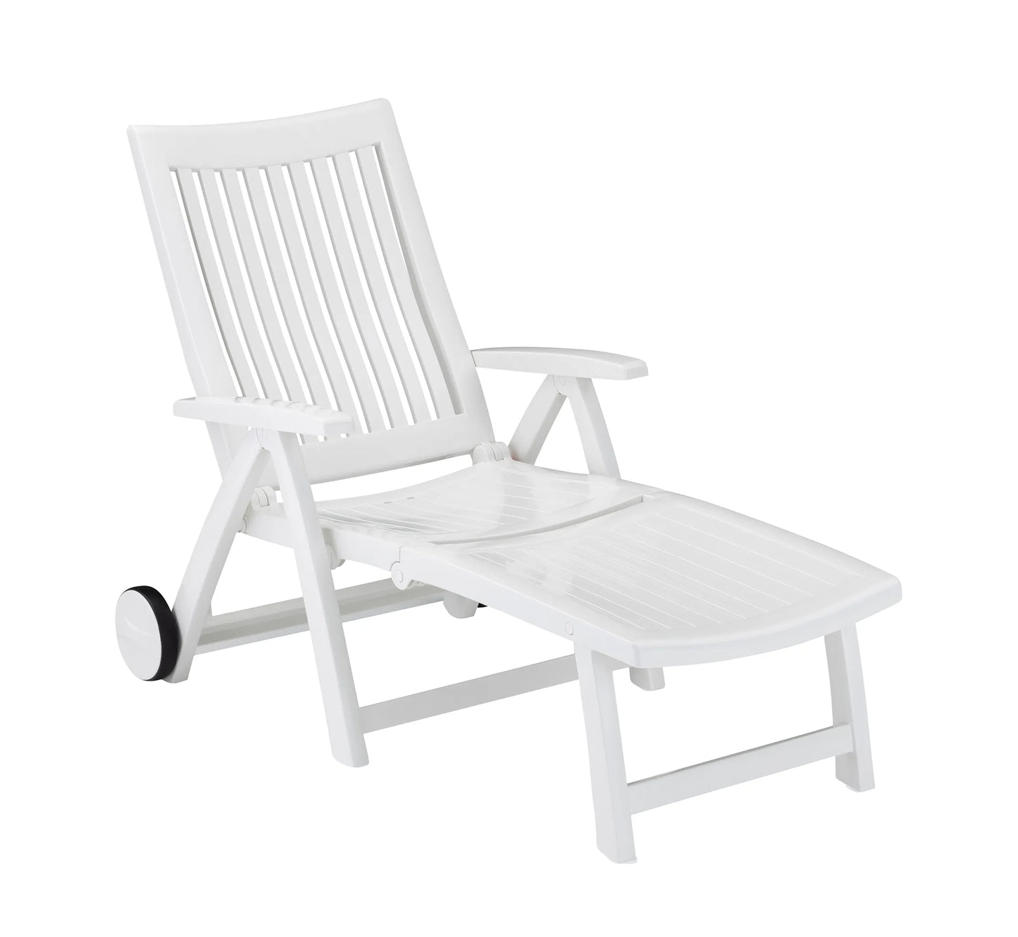 Tumbona plegable ROMA de Kettler en color blanco, mostrando su diseño ergonómico y reposabrazos integrados.