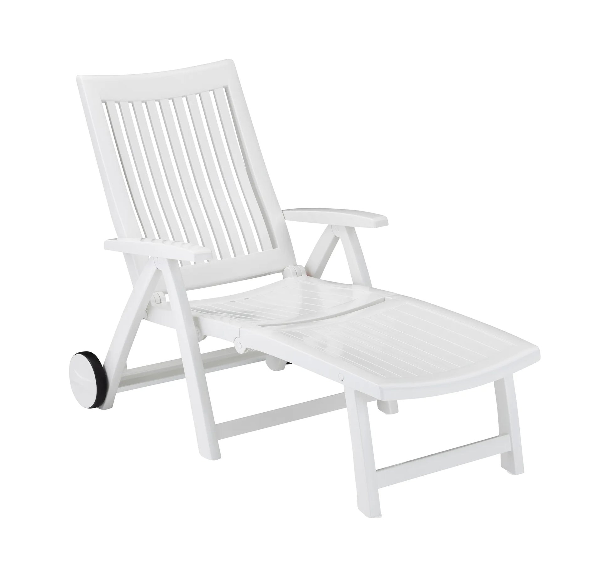 Tumbona plegable ROMA de Kettler en color blanco, mostrando su diseño ergonómico y reposabrazos integrados.